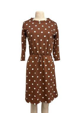 Riah Fashion Brown Polka Dot Dress With Drawstring Waist Small Cozy Stretch Fabr